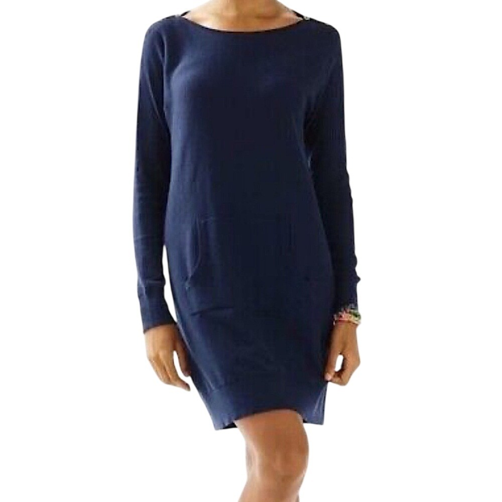 Lilly Pulitzer Navy Blue Button Shoulder Pocket Sweater wool blend‎ Dress Medium